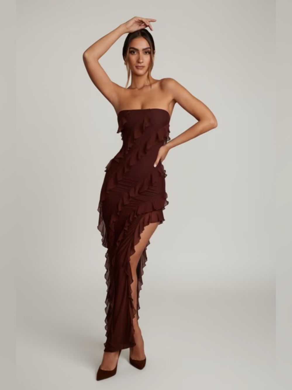 Oh Polly Bandeau Ruffle Detail Maxi Dress in Brown